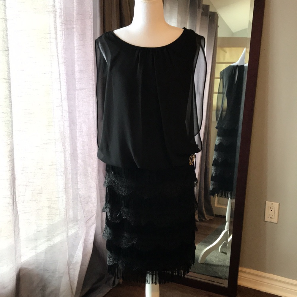 Frank Lyman black dress with fringe